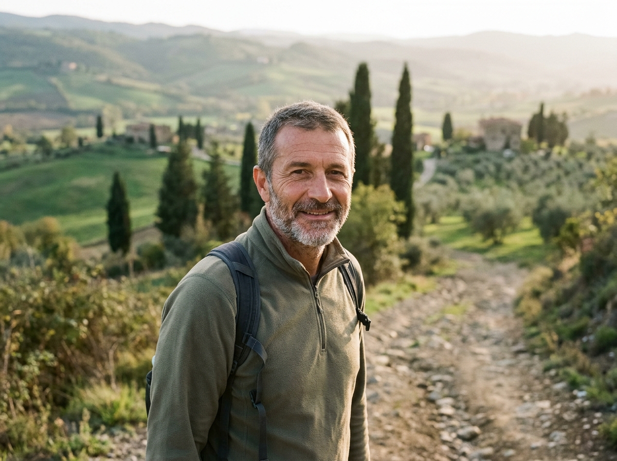 Roberto Bellini durante un'escursione tra i sentieri collinari